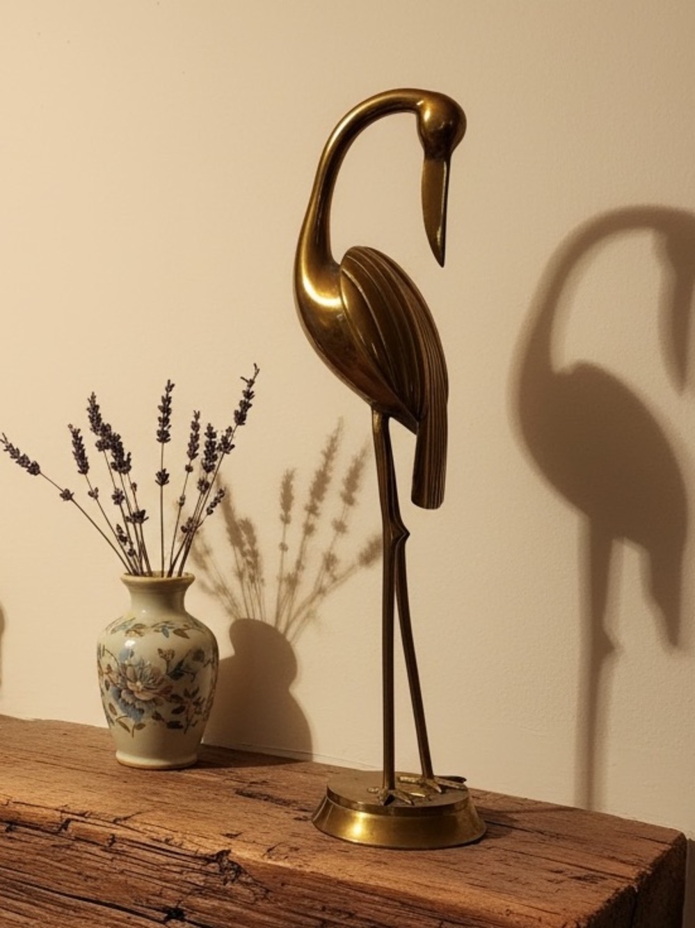 Vintage mid-century solid brass heron figure gracefully curved neck
19”